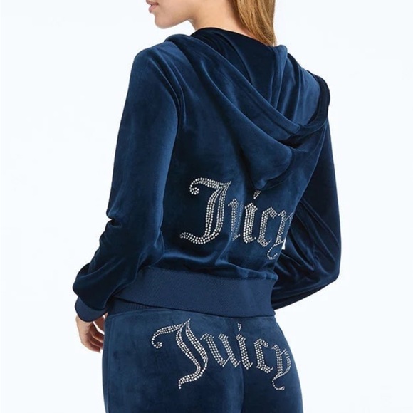 Juicy Couture OG Bling Rhinestone Velour Regal Blue Zip-Up Hoodie Large - Picture 1 of 8